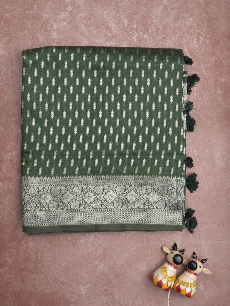 Dupion fancy saree bottle green color allover zari motifs & zari border with rich pallu and plain blouse