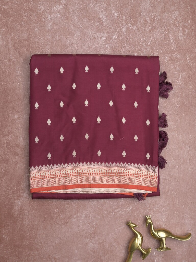 Banaras fancy saree dark maroon color allover zari motifs & zari border with brocade pallu and contrast plain blouse