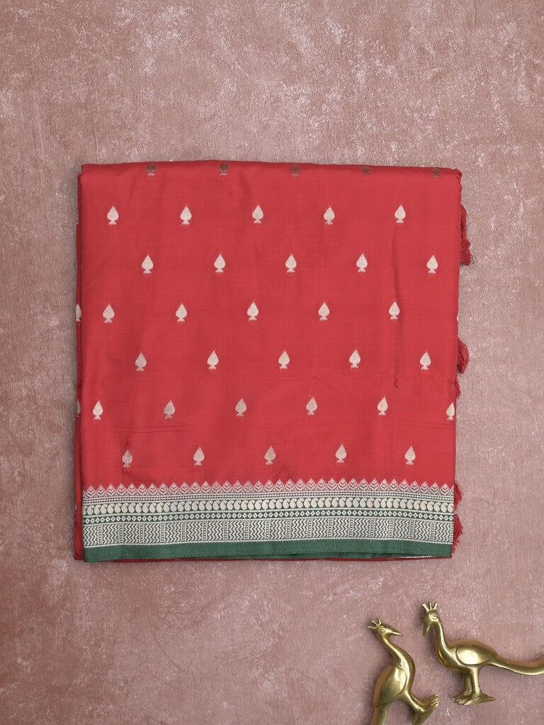 Banaras fancy saree red color allover zari motifs & zari border with brocade pallu and contrast plain blouse