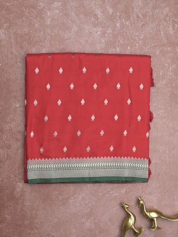 Banaras fancy saree red color allover zari motifs & zari border with brocade pallu and contrast plain blouse