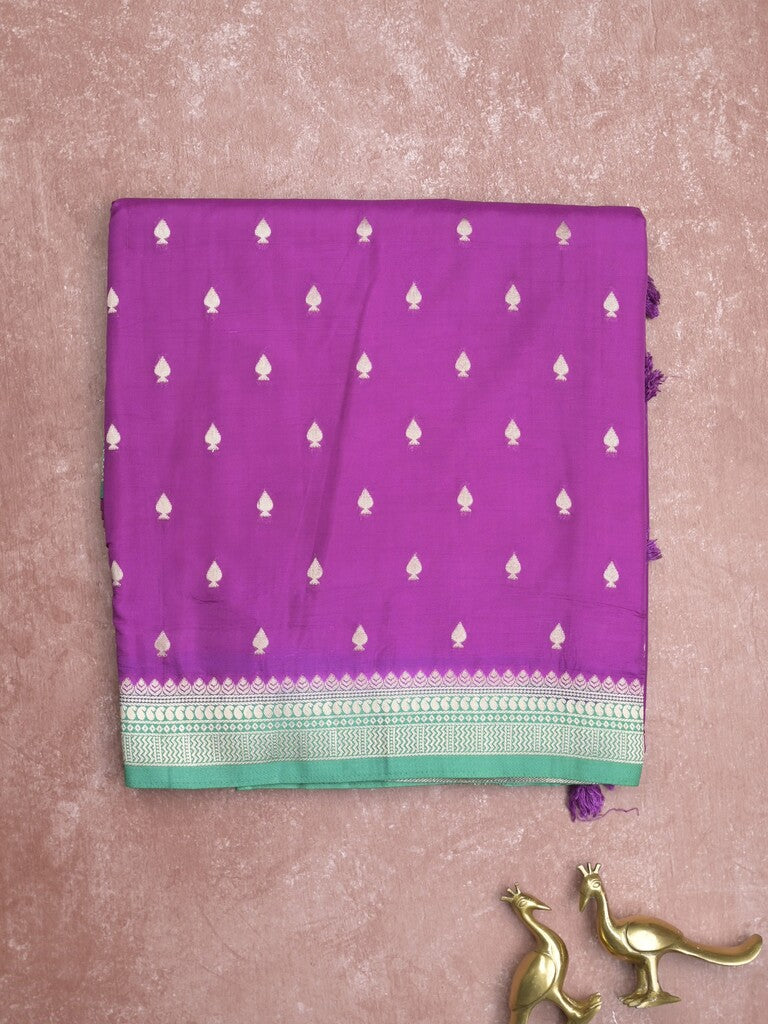 Banaras fancy saree purple color allover zari motifs & zari border with brocade pallu and contrast plain blouse