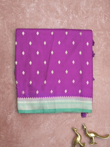 Banaras fancy saree purple color allover zari motifs & zari border with brocade pallu and contrast plain blouse