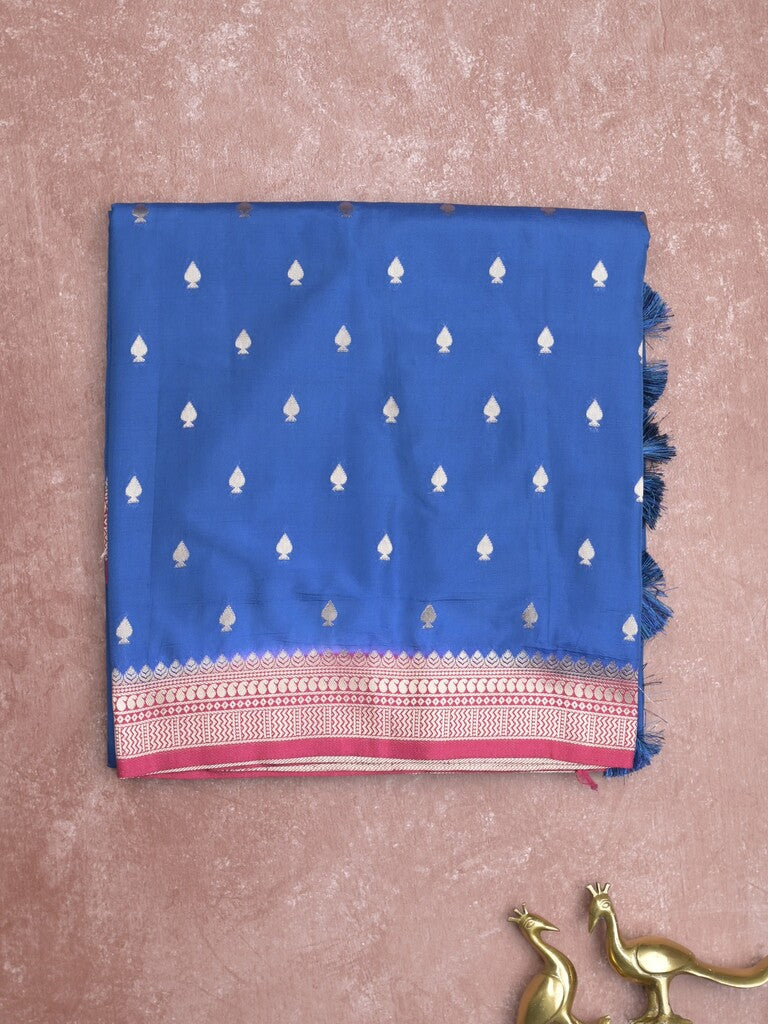 Banaras fancy saree royal blue color allover zari motifs & zari border with brocade pallu and contrast plain blouse