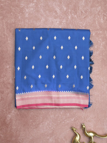 Banaras fancy saree royal blue color allover zari motifs & zari border with brocade pallu and contrast plain blouse