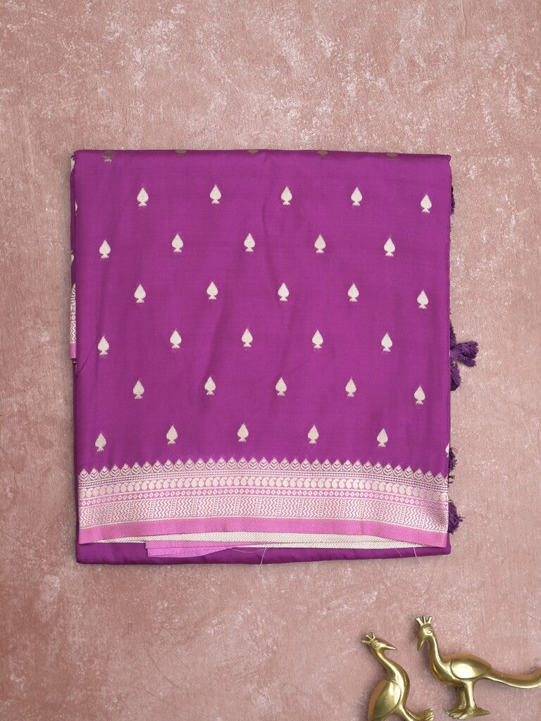 Banaras fancy saree violet color allover zari motifs & zari border with brocade pallu and contrast plain blouse