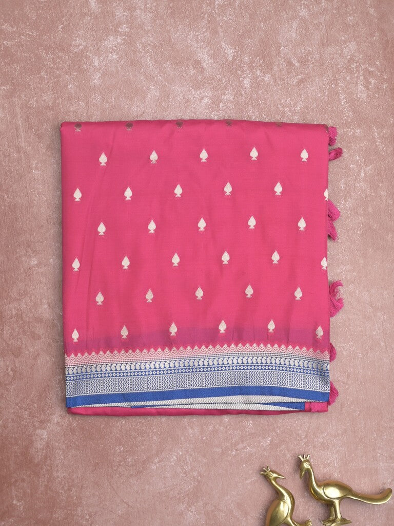 Banaras fancy saree pink color allover zari motifs & zari border with brocade pallu and contrast plain blouse