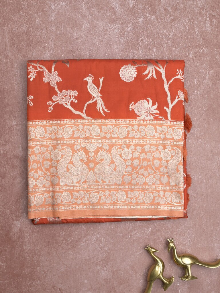 Banaras fancy saree orange color allover zari weaves & zari border with rich pallu and plain blouse