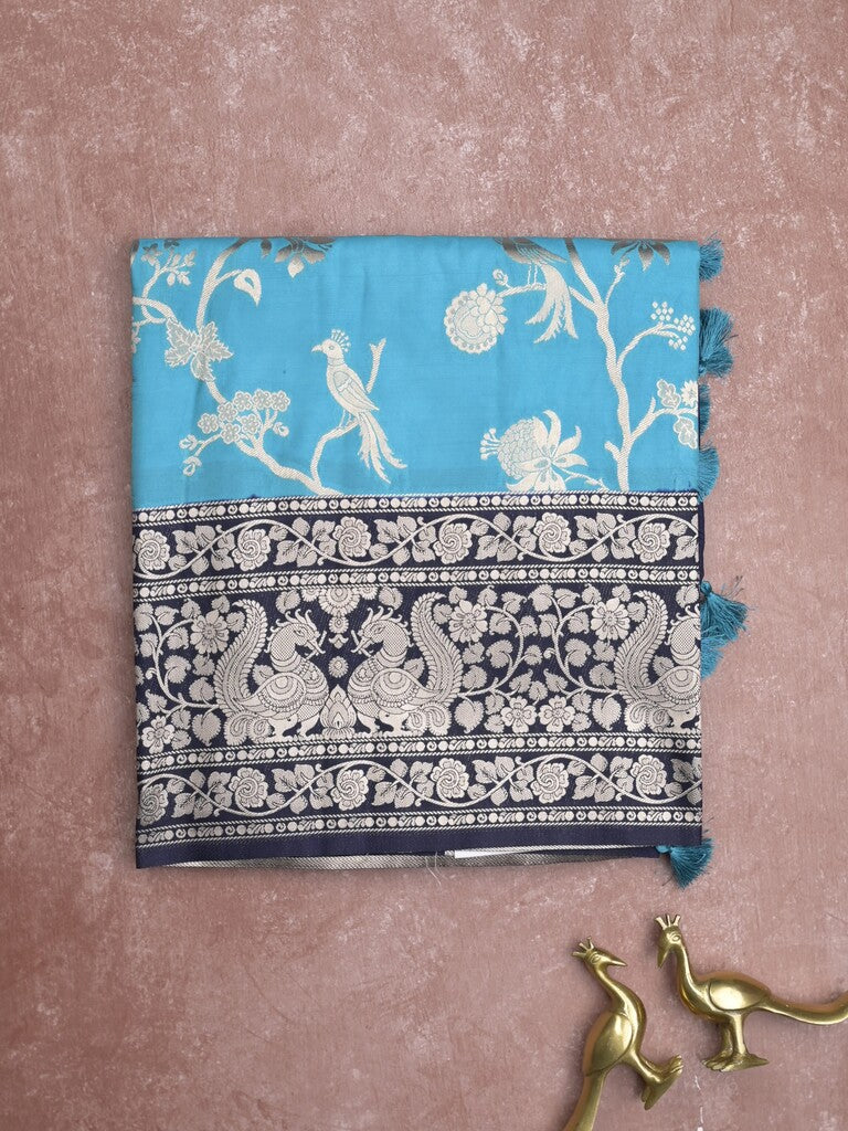 Banaras fancy saree sky blue color allover zari weaves & zari border with rich pallu and plain blouse