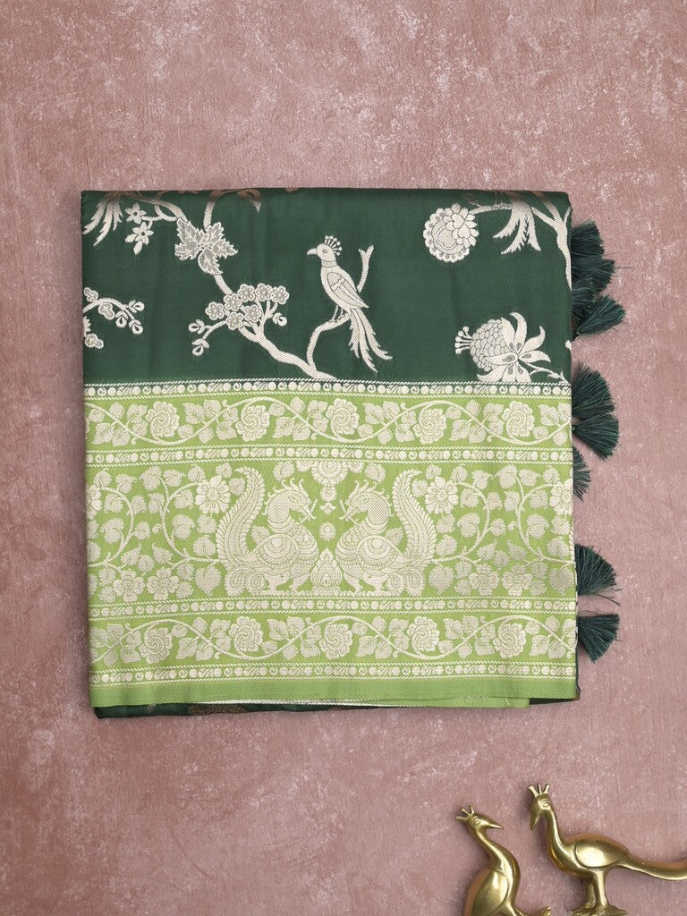 Banaras fancy saree bottle green color allover zari weaves & zari border with rich pallu and plain blouse