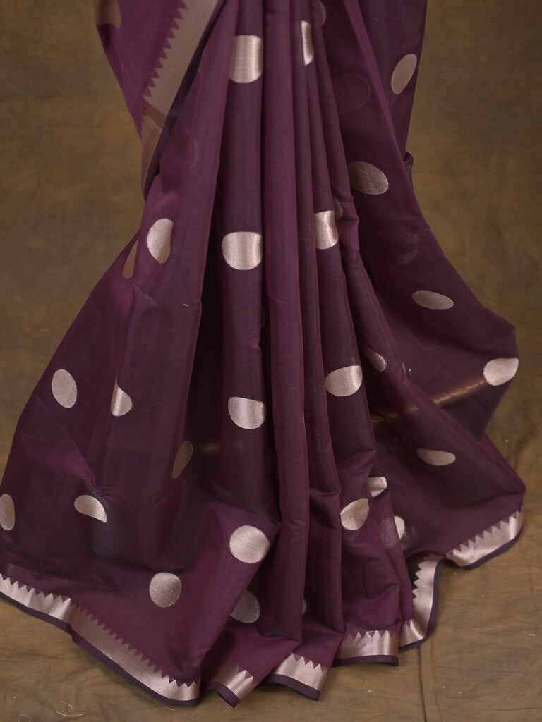 Maheshwari fancy saree in wine color allover zari motifs & zari border with zari and plain blouse