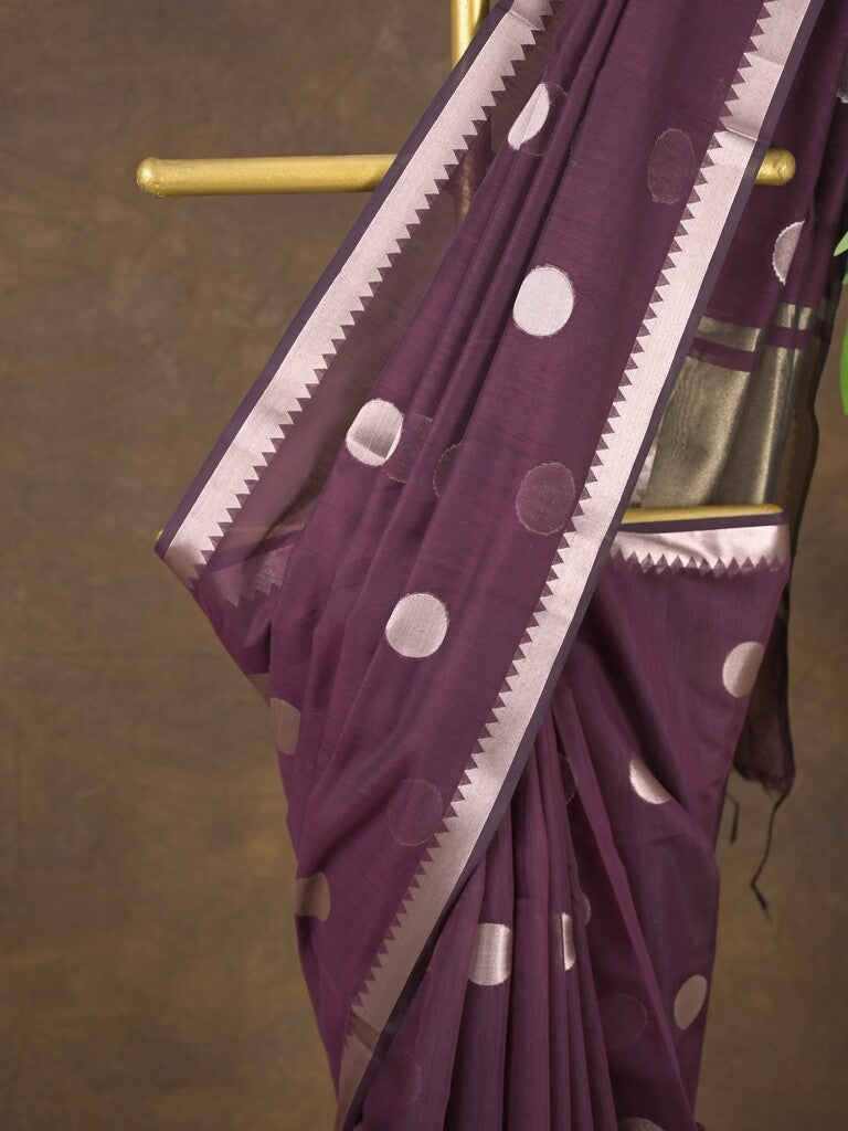 Maheshwari fancy saree in wine color allover zari motifs & zari border with zari and plain blouse