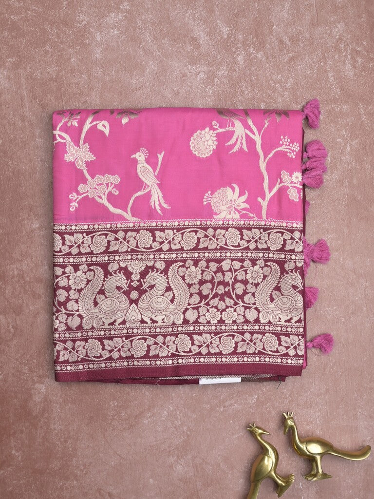 Banaras fancy saree pink color allover zari weaves & zari border with rich pallu and plain blouse