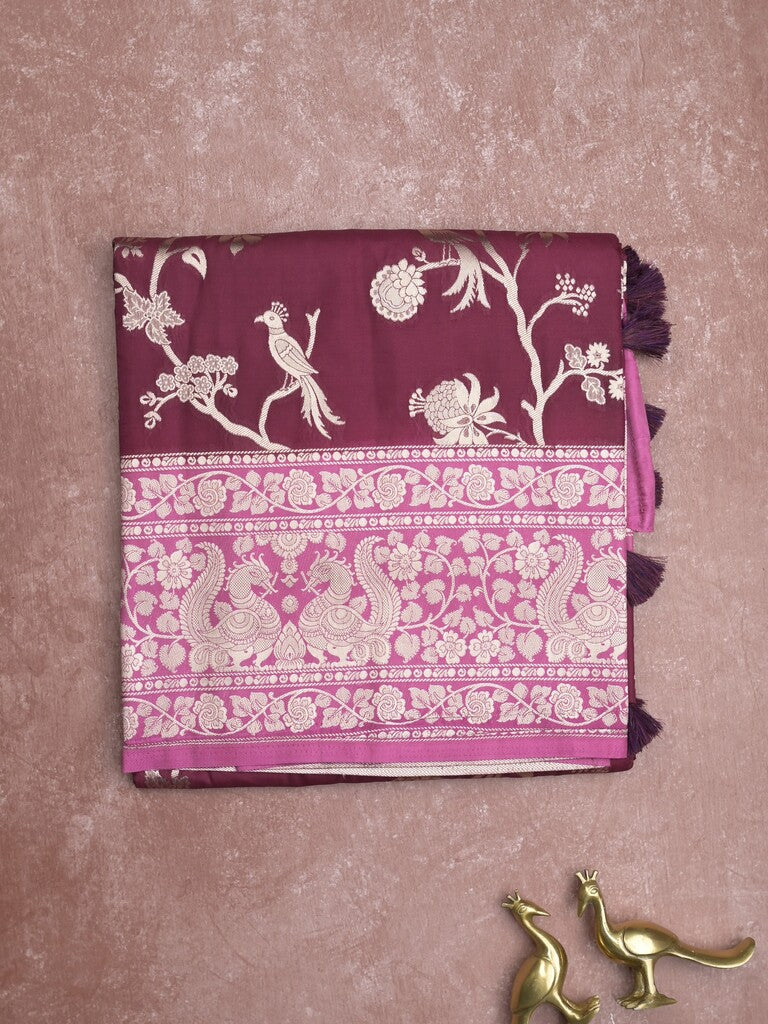 Banaras fancy saree dark maroon color allover zari weaves & zari border with rich pallu and plain blouse