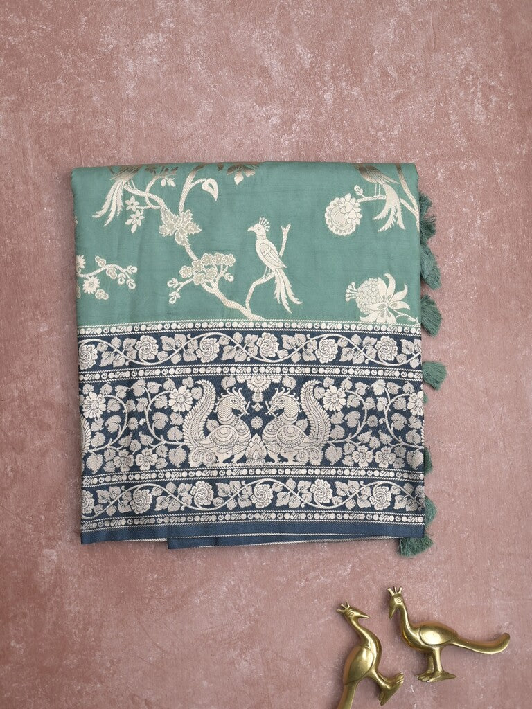 Banaras fancy saree lux green color allover zari weaves & zari border with rich pallu and plain blouse