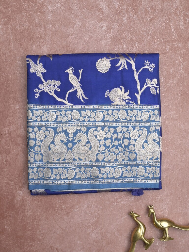 Banaras fancy saree royal blue color allover zari weaves & zari border with rich pallu and plain blouse