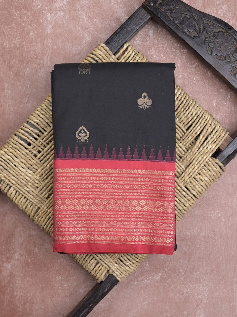 Gadwal pattu saree in black color allover zari motifs & zari border with rich pallu and plain blouse
