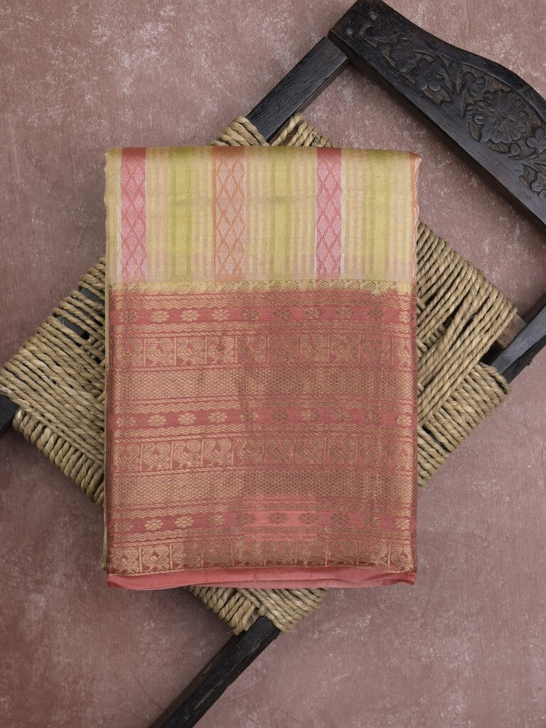 Kanchi kora pattu saree in cream color allover zari stripes & zari border with rich pallu and plain blouse