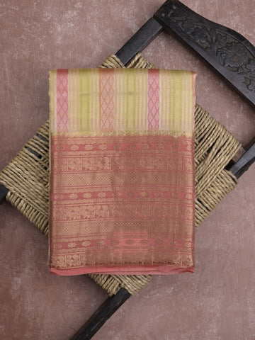 Kanchi kora pattu saree in cream color allover zari stripes & zari border with rich pallu and plain blouse