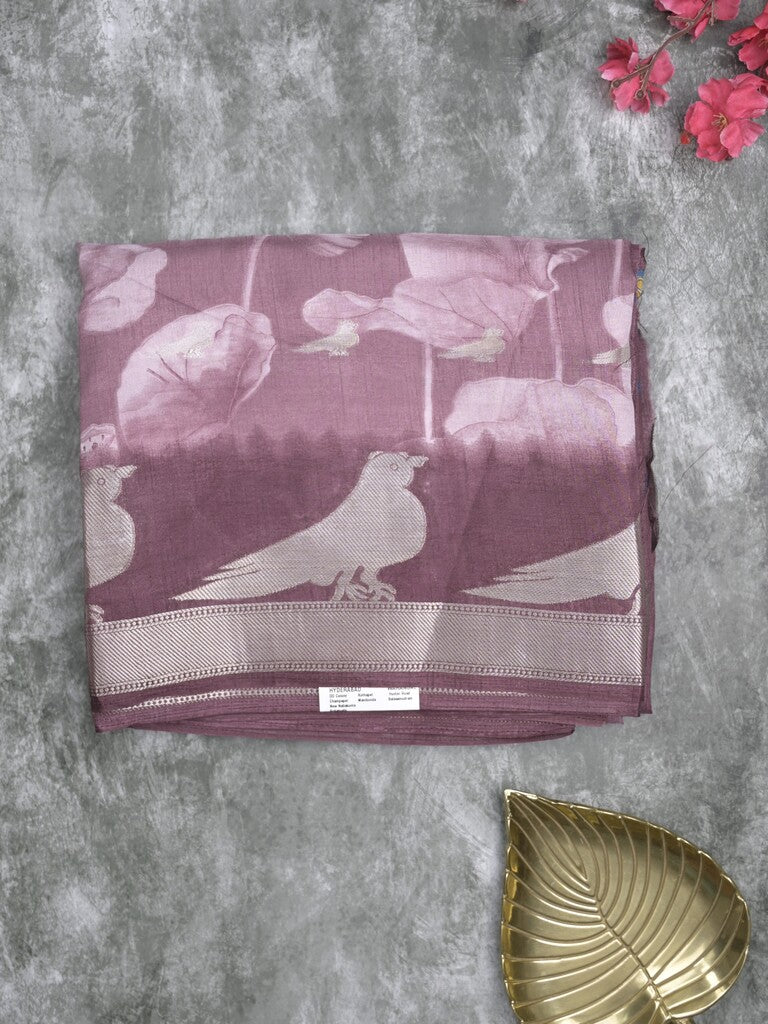 Dola silk fancy saree light purple color allover prints & contrast zari border with printed pallu and printed blouse