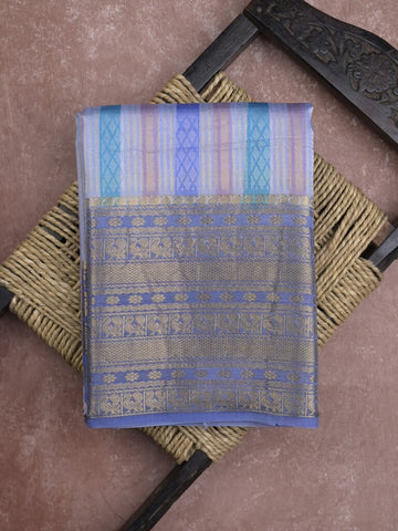 Kanchi kora pattu saree in light blue color allover zari stripes & zari border with rich pallu and plain blouse