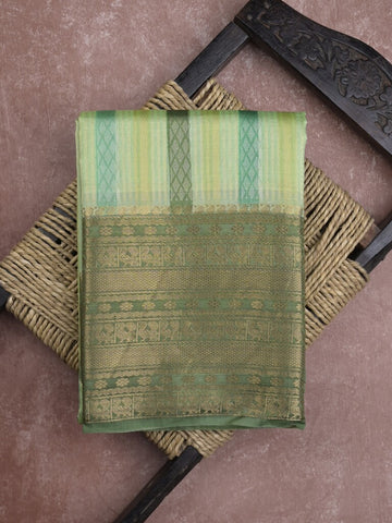 Kanchi kora pattu saree in light green color allover zari stripes & zari border with rich pallu and plain blouse