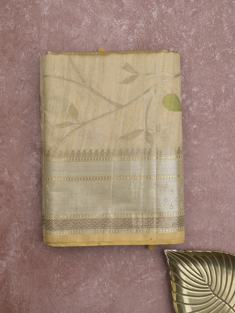 Chanderi fancy saree in beige color allover zari motifs & zari border with brocade and blouse