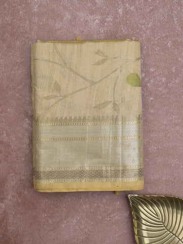 Chanderi fancy saree in beige color allover zari motifs & zari border with brocade and blouse