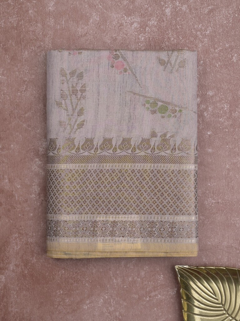 Chanderi fancy saree in grey color allover zari motifs & zari border with brocade and blouse