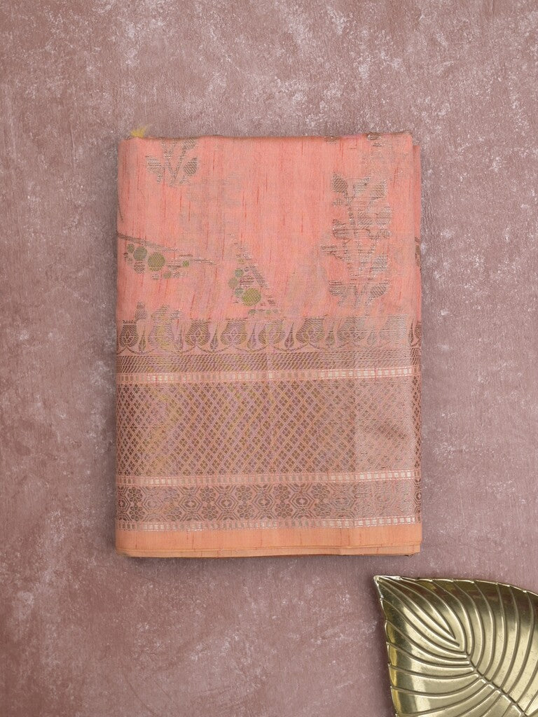 Chanderi fancy saree in coral pink color allover zari motifs & zari border with brocade and blouse