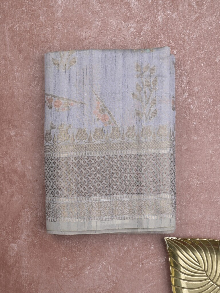 Chanderi fancy saree in pastel blue color allover zari motifs & zari border with brocade and blouse