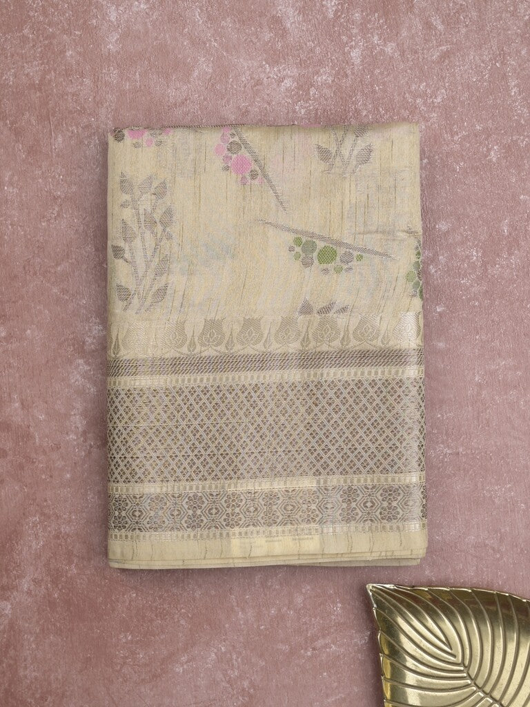 Chanderi fancy saree in cream color allover zari motifs & zari border with brocade and blouse