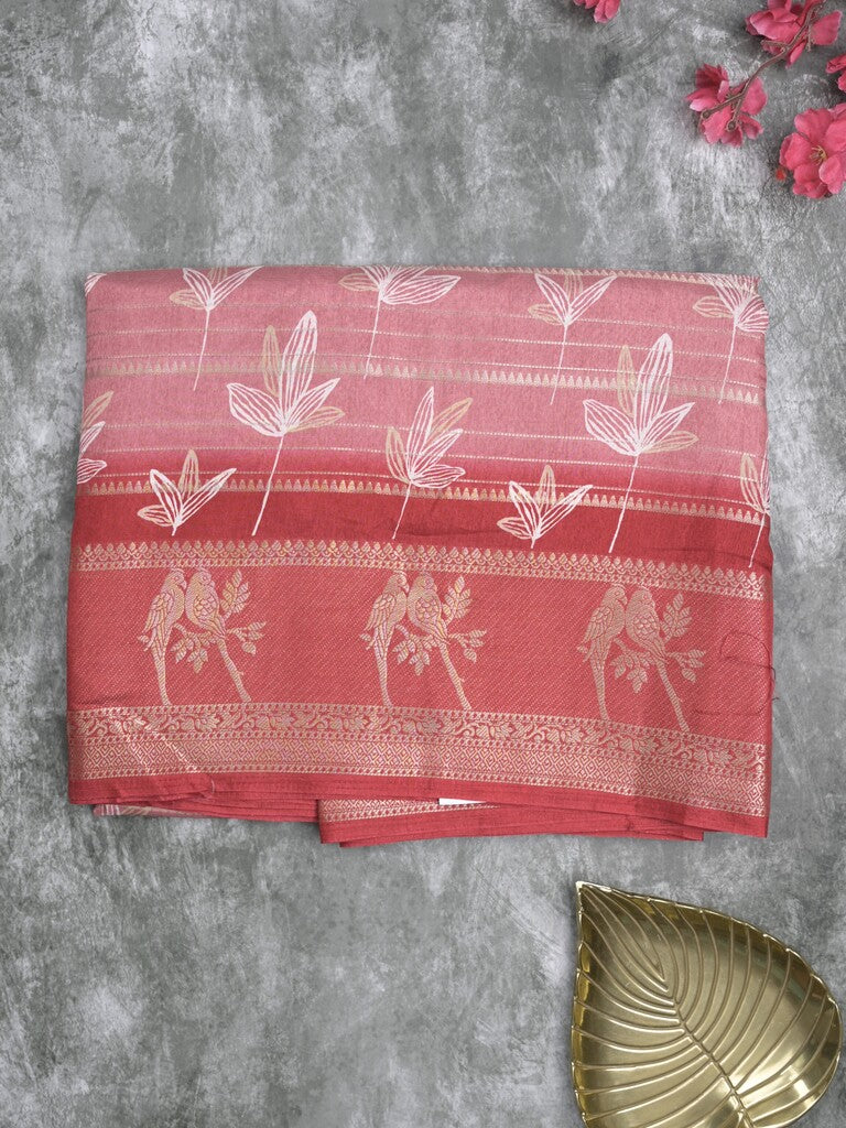 Dola silk fancy saree light pink color allover prints & contrast zari border with printed pallu and printed blouse