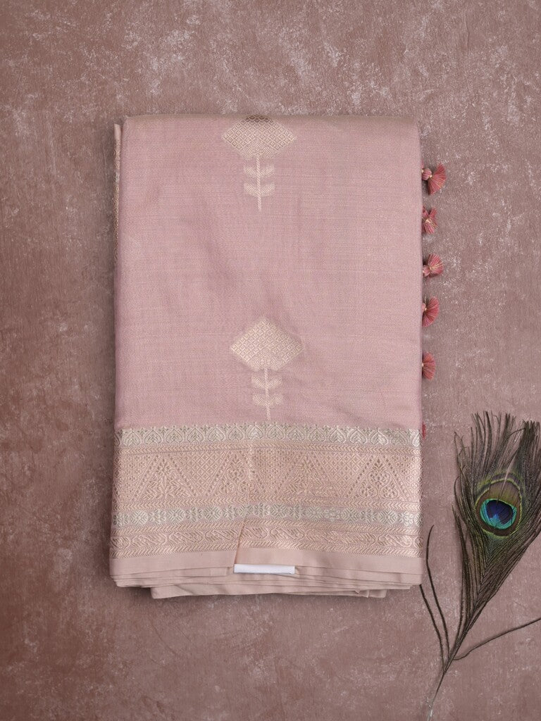 Fancy tissue saree in baby pink color allover zari motifs & zari border with zari pallu and self blouse