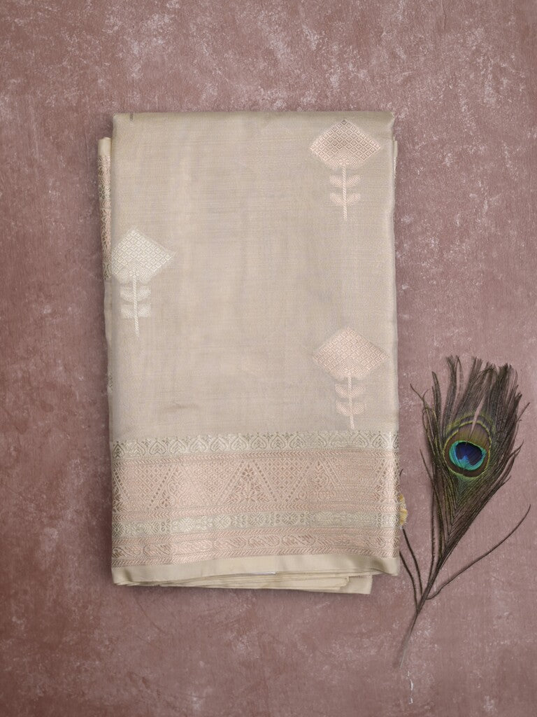 Fancy tissue saree in light grey color allover zari motifs & zari border with zari pallu and self blouse