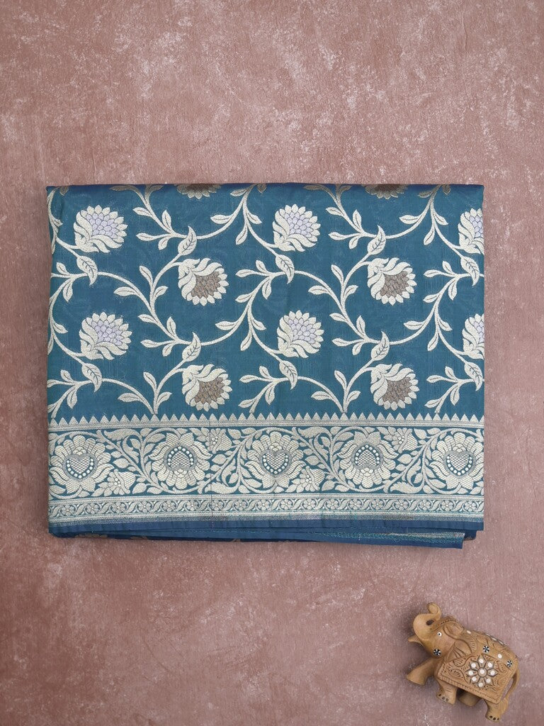 Banaras pattu saree in blue color allover zari weaves & zari border with rich pallu and striped blouse