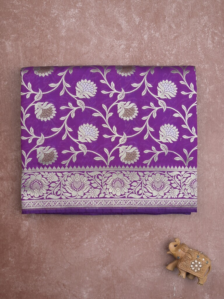 Banaras pattu saree in violet color allover zari weaves & zari border with rich pallu and striped blouse