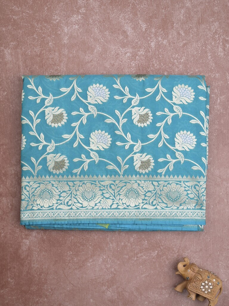 Banaras pattu saree in sky blue color allover zari weaves & zari border with rich pallu and striped blouse