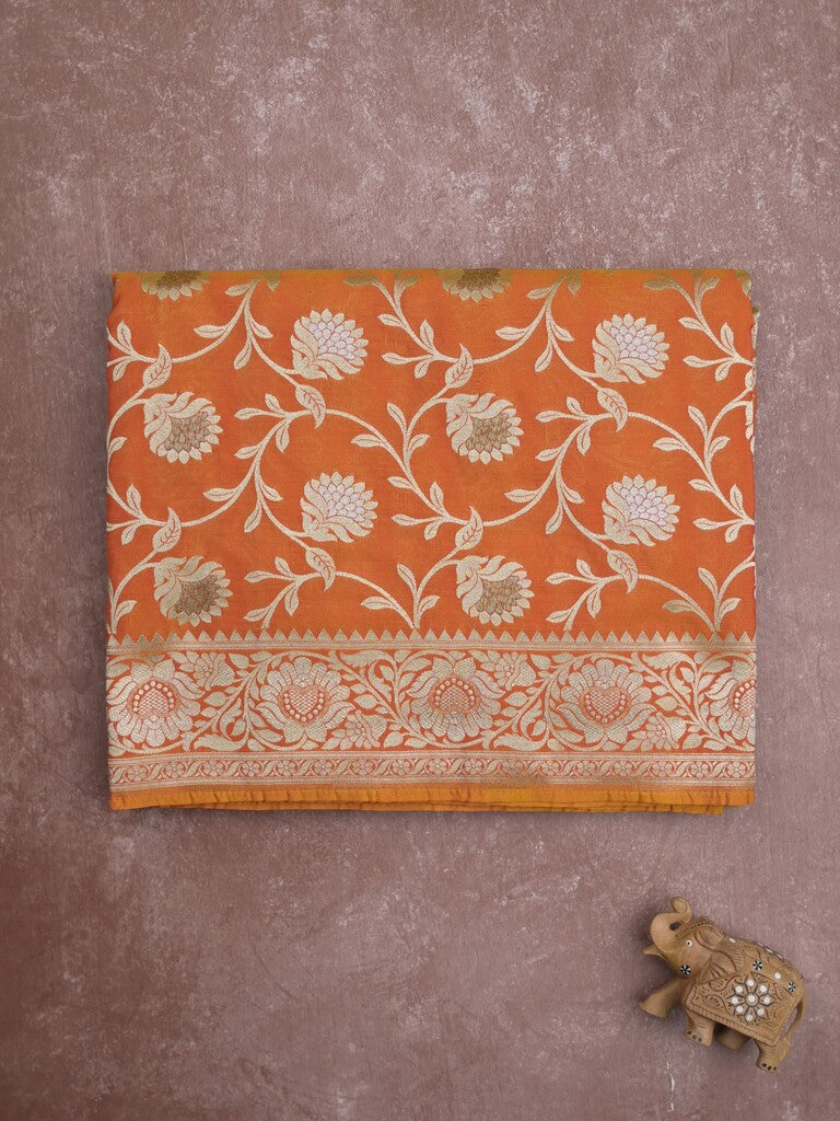 Banaras pattu saree in orange color allover zari weaves & zari border with rich pallu and striped blouse
