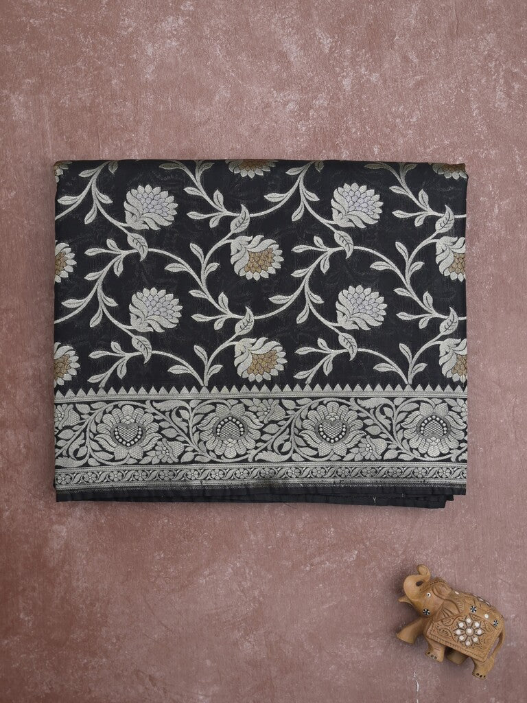 Banaras pattu saree in black color allover zari weaves & zari border with rich pallu and striped blouse