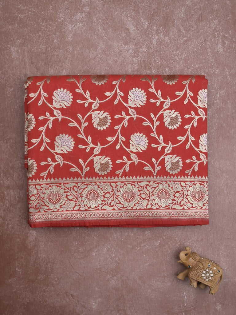 Banaras pattu saree in red color allover zari weaves & zari border with rich pallu and striped blouse