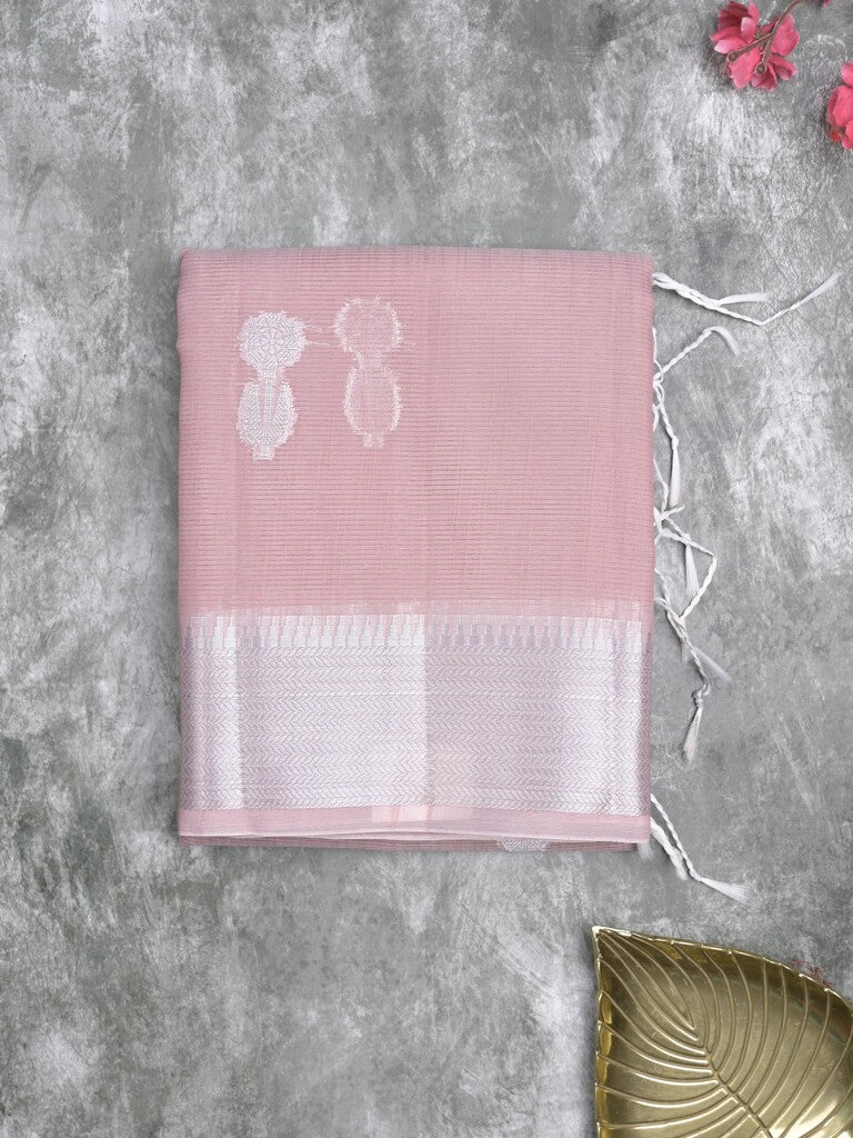Organza fancy saree onion pink color allover zari motifs & zari border with zari weaving pallu and plain self blouse