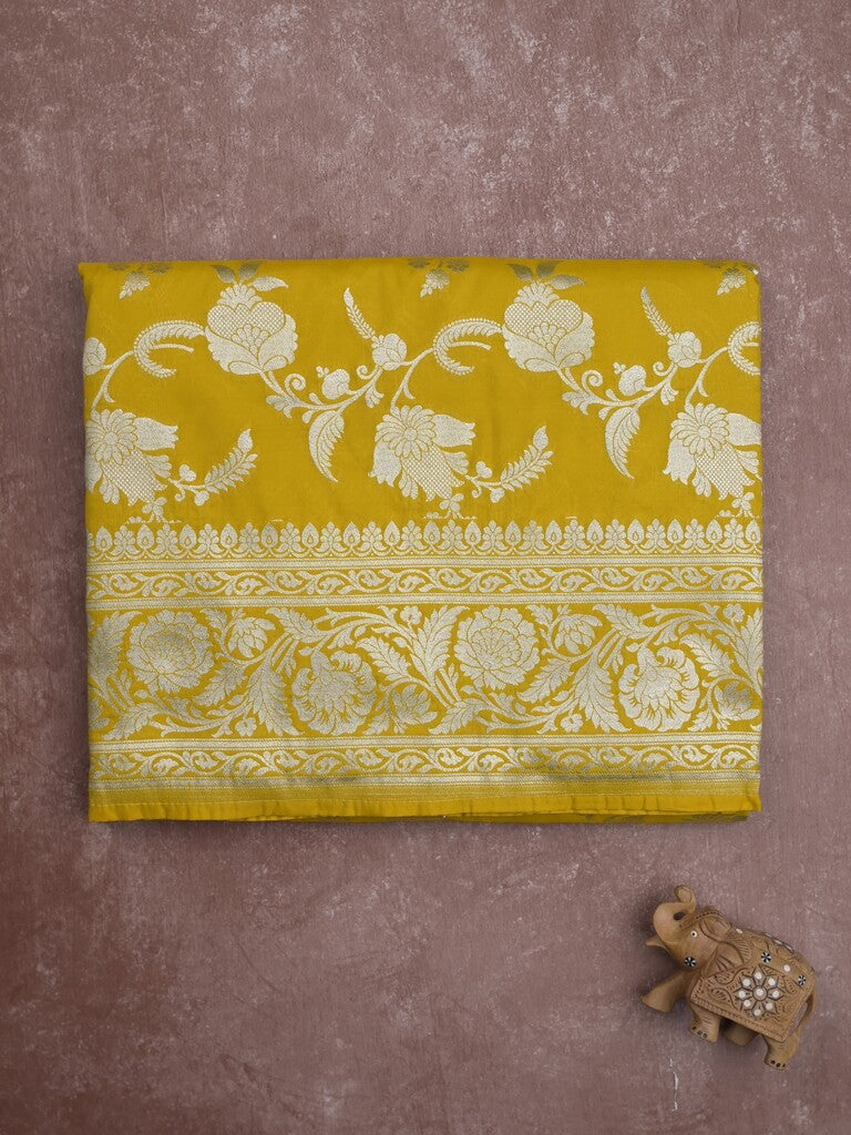 Banaras pattu saree in golden yellow color allover zari weaves & zari border with rich pallu and striped blouse