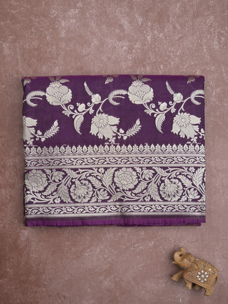 Banaras pattu saree in dark purple color allover zari weaves & zari border with rich pallu and striped blouse