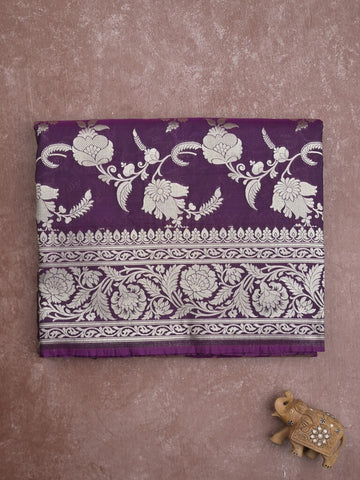 Banaras pattu saree in dark purple color allover zari weaves & zari border with rich pallu and striped blouse