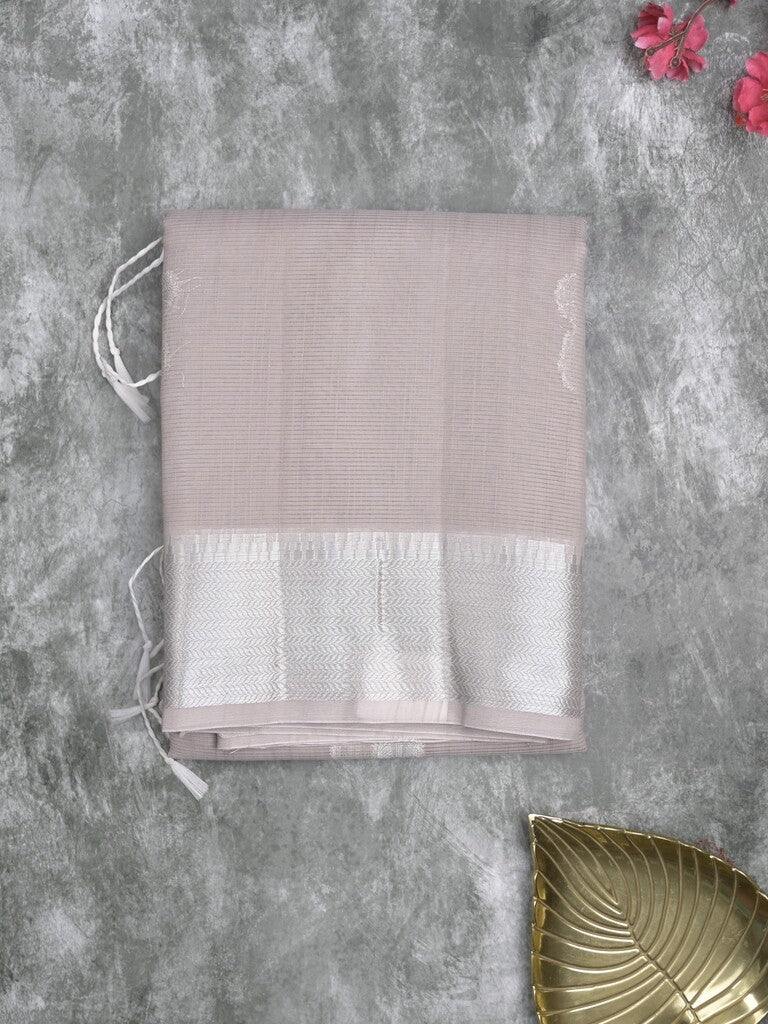 Organza fancy saree pinkish grey color allover zari motifs & zari border with zari weaving pallu and plain self blouse