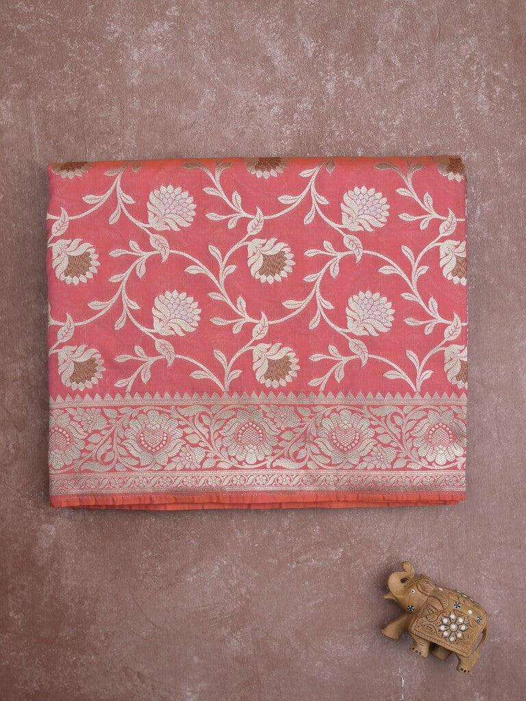 Banaras pattu saree in pink color allover zari weaves & zari border with rich pallu and striped blouse