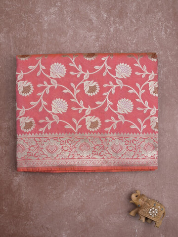 Banaras pattu saree in pink color allover zari weaves & zari border with rich pallu and striped blouse