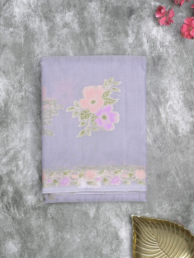 Kota fancy saree light lavender color allover zari motifs & zari border with running pallu and plain self blouse