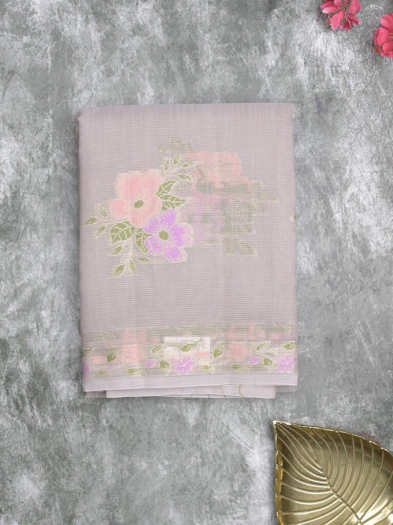Kota fancy saree light grey color allover zari motifs & zari border with running pallu and plain self blouse