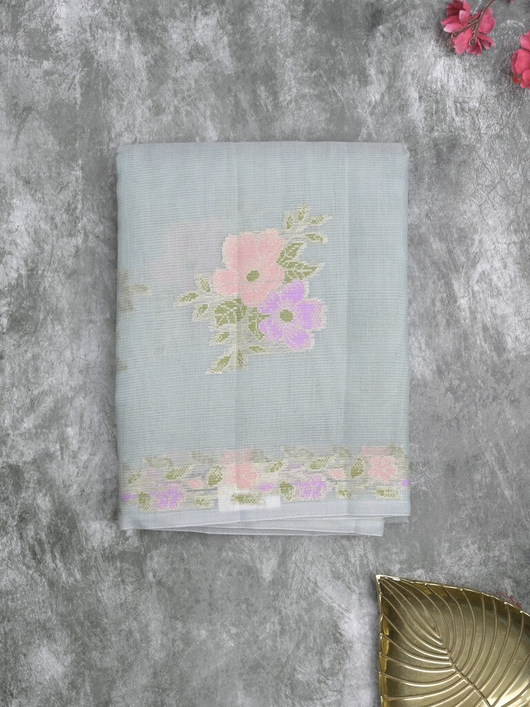 Kota fancy saree pastel blue color allover zari motifs & zari border with running pallu and plain self blouse